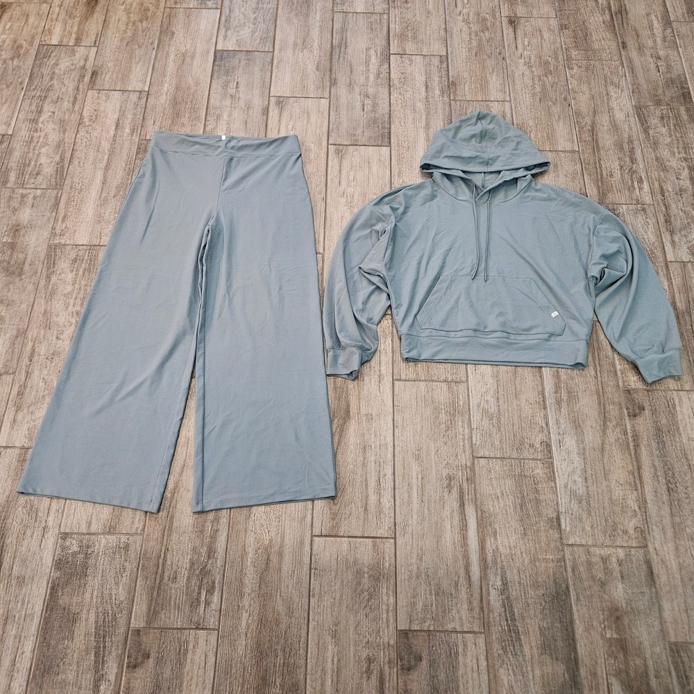 Rhone Ripple Lounge Set Size L Blue Ribbed Hoodie Wide Leg Pants Athleisure Blue